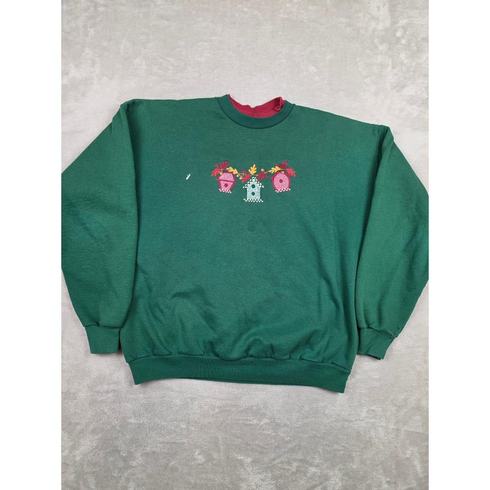 Vintage MC Sportswear Sweatshirt Womens L Green Birdhouse Double Collar *Stained